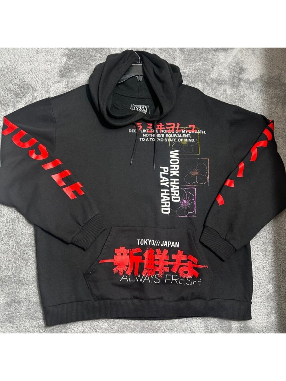 Fresh Laundry Hoodie Mens 2XL Black Red Tokyo Japan Hustle Graphic Streetwear